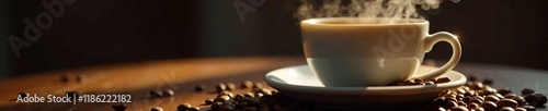 Fragrant coffee aromas waft upwards from a steaming cup, aromatic, texture, dark