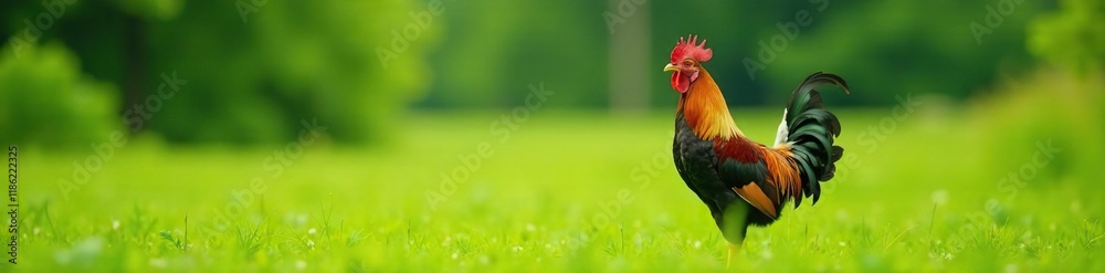 Fototapeta premium Bantam rooster crowing in a lush green meadow with a small chicken, bantam rooster, landscape, nature