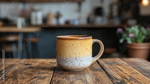 Ceramic coffee mug on a wooden table with a blurred background plant in a coz...