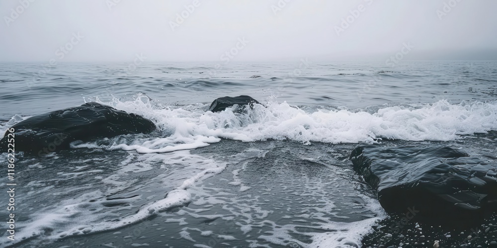 Naklejka premium A misty seascape featuring waves crashing against dark rocks.