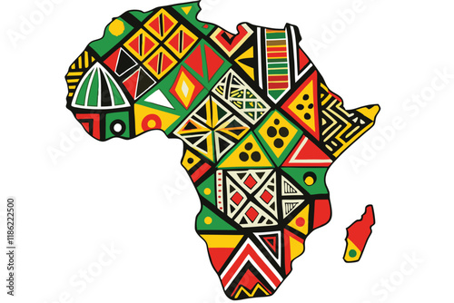 Colorful African map silhouette adorned with traditional tribal patterns and cultural symbolism, Black History Month