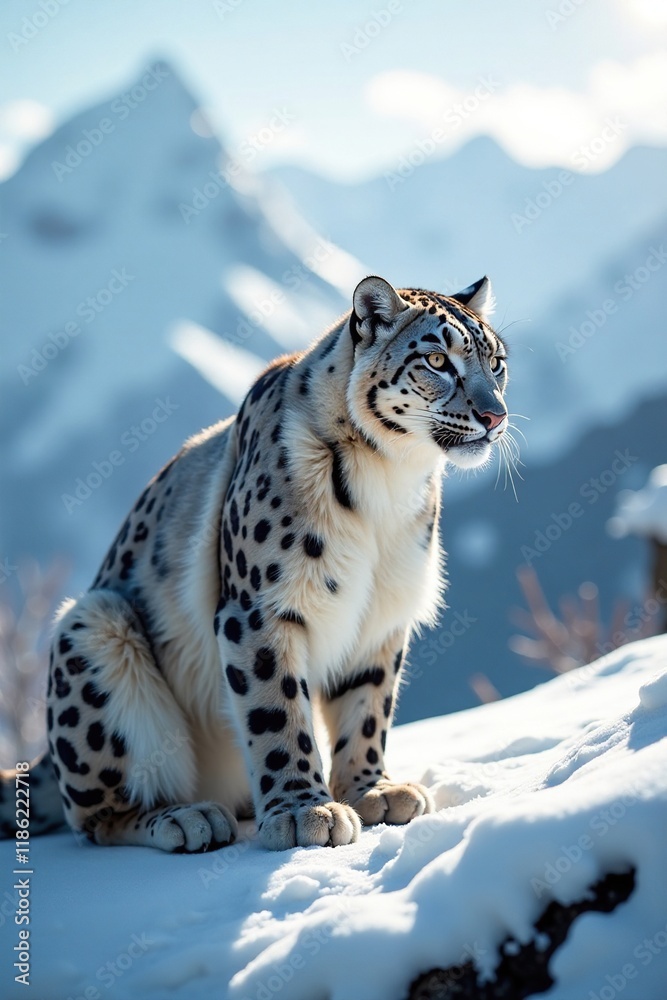 Majestic snow leopard in snowy mountain landscape, predator, wildlife, snowy Majestic snow leopard in snowy mountain landscape, predator, wildlife, snowy
