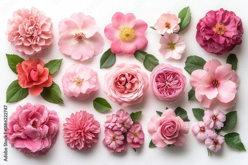 elegant collection of fresh pink garden roses peonies and cherry blossoms with delicate petals and green leaves isolated on pure white background elegant collection of fresh pink garden roses peonies and cherry blossoms with delicate petals and green leaves isolated on pure white background