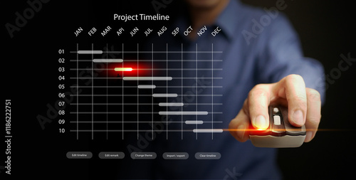 Project manager planning and schedule:. A man, with computer mouse, using a project timeline to ensure timely completion. Project management concept