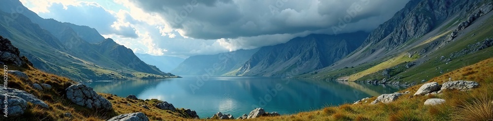 Storm clouds gather above a tranquil mountain lake, rugged terrain, peaceful environment, mountain scenery Storm clouds gather above a tranquil mountain lake, rugged terrain, peaceful environment, mountain scenery