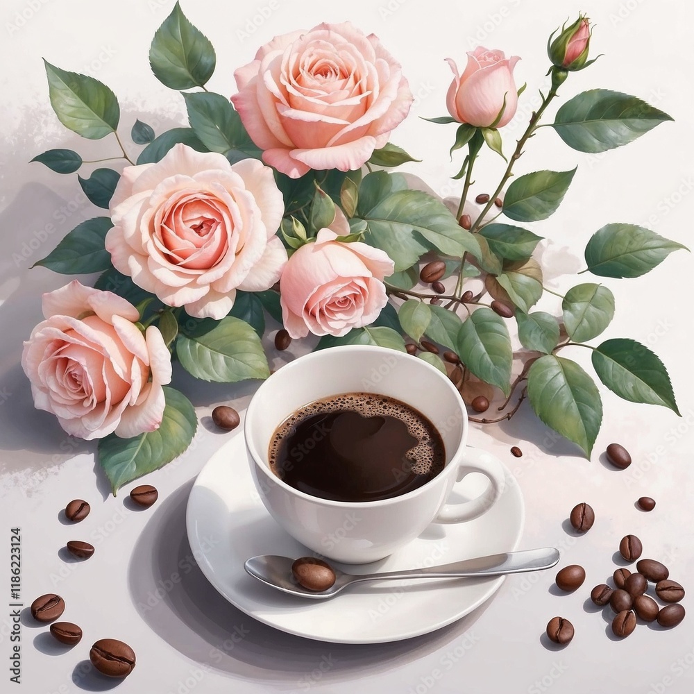 Elegant cup of coffee with pink roses and coffee beans for romantic and aesthetic presentations Elegant cup of coffee with pink roses and coffee beans for romantic and aesthetic presentations