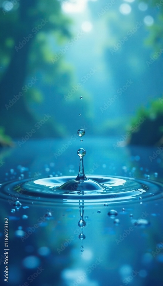 Water droplets on a still pond on an abstract blue background, sky, pond Water droplets on a still pond on an abstract blue background, sky, pond