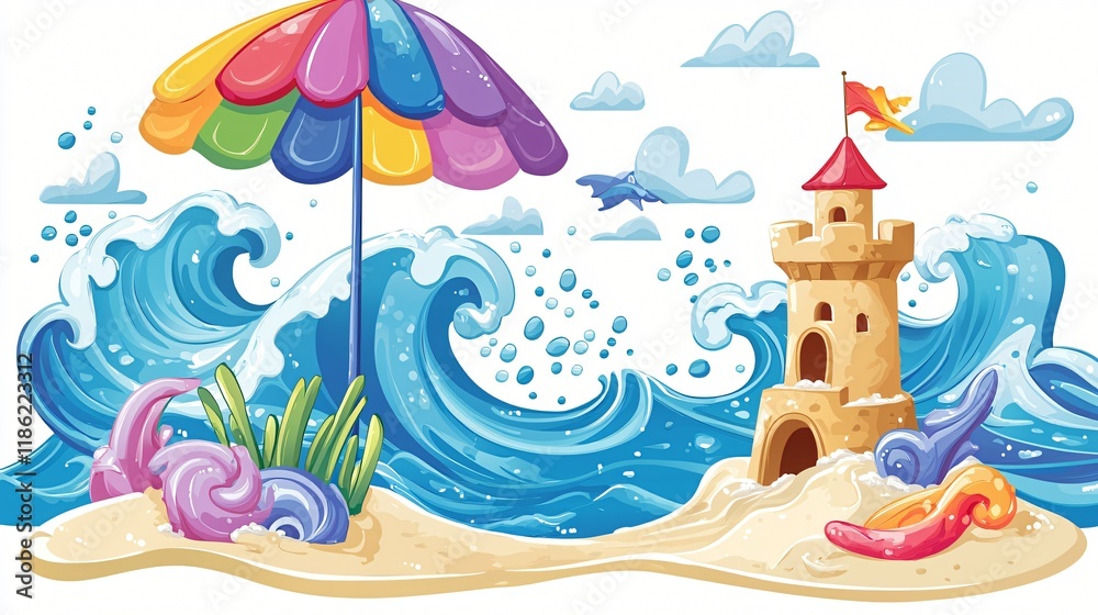 Naklejka premium Vibrant Cartoon Beach Scene Sandcastle Waves and Umbrella