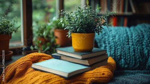 Lush green plants adorn a wooden table with an open book and various decorati...