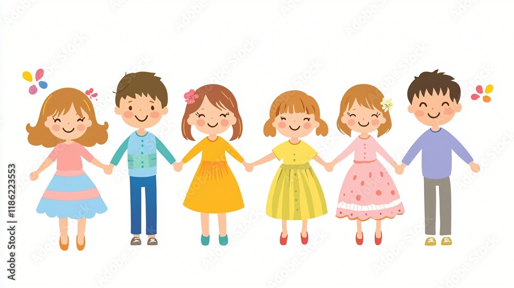 Happy Diverse Group of Smiling Children Holding Hands Friendship Teamwork Illustration Happy Diverse Group of Smiling Children Holding Hands Friendship Teamwork Illustration