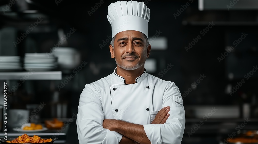 Indian Chef in White Uniform Standing Confidently in Gourmet Restaurant Kitchen Indian Chef in White Uniform Standing Confidently in Gourmet Restaurant Kitchen