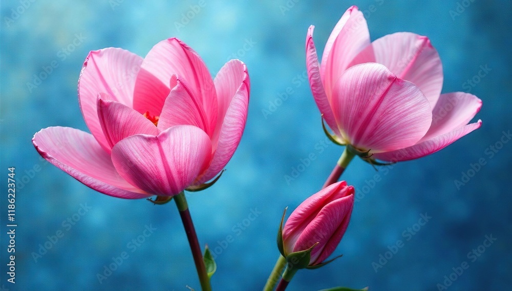 Obraz premium Delicate pink petals unfolding on a blue canvas, floral, nature