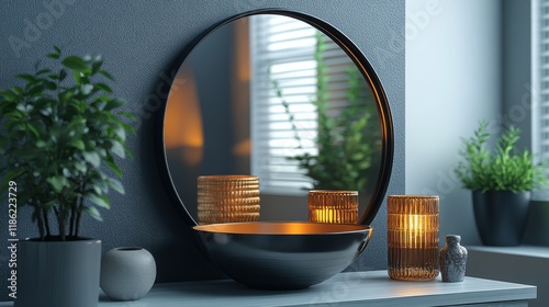 Stylish living room with a cozy couch and a round golden mirror in a bright e...