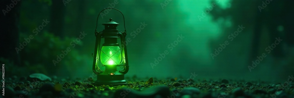 Lantern with soft green light in the darkness, light, dark
