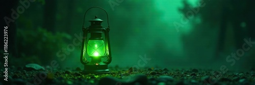 Obraz na płótnie Lantern with soft green light in the darkness, light, dark w salonie