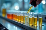 Person adds yellow liquid to test tubes in lab. Many test tubes with various liquid colors lined up on metal rack. Person adding yellow liquid to tube. Process seems to part of scientific experiment