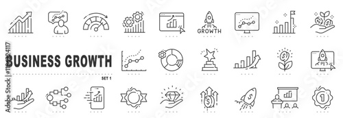 Set of business growth related line icons. Success, arrow, increase etc. Editable stroke.