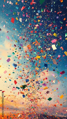 Colorful confetti celebration in vibrant atmosphere at outdoor event under cl...