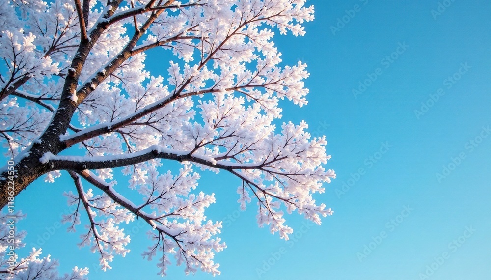 Snow covered branches of a tree stretching towards the sky, branches, frosty Snow covered branches of a tree stretching towards the sky, branches, frosty
