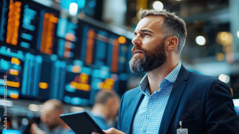 Fototapeta premium Caucasian male adult analyzing stock market trends in modern office