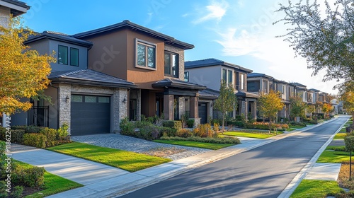 Beautiful residential houses lined up along a quiet street in a suburban neig...