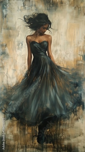 Elegant woman in flowing dress standing against artistic backdrop in soft light