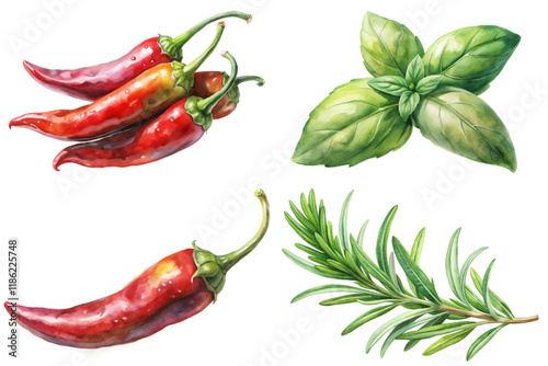 Vibrant red chili peppers, fresh green basil leaves, aromatic rosemary sprigs, watercolor illustration, culinary herbs, food art.