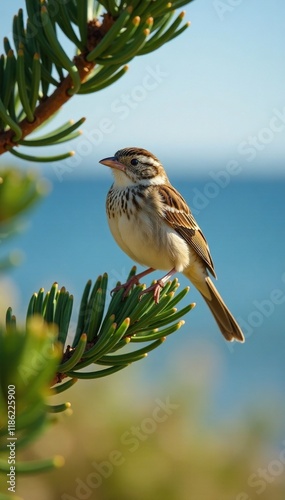 A song sparrow perches on a coastal evergreen tree branch with sea grass below, sea grass, nature, songsparrow photo