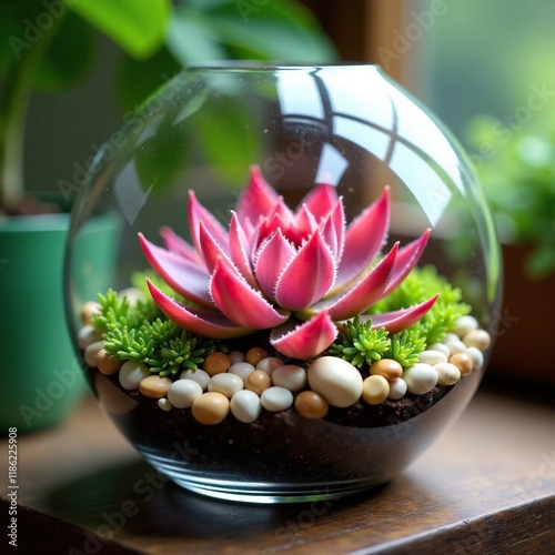 Tillandsia ionantha in glass terrarium with pebbles, greenhouse, terrarium photo