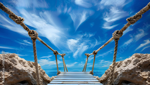 bridge made of rope and wood, with wooden ladders on each side, spanning over two rocks in the sky. photo