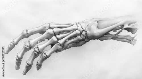 Detailed grayscale drawing of a human hand skeleton, wrist, and forearm.