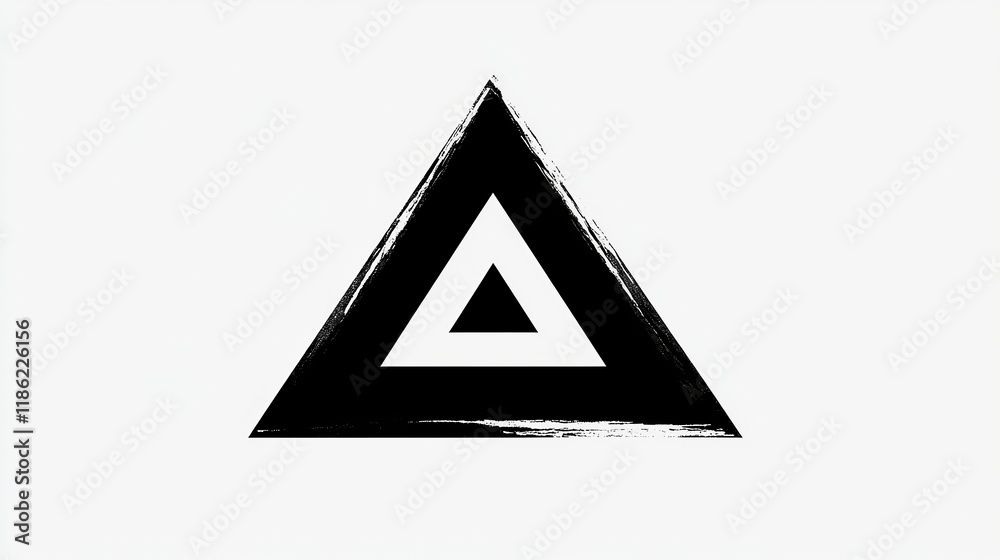 Black geometric triangle design with distressed brushstroke edges on white background, creating modern abstract symbol ideal for logos, posters, or contemporary graphic projects. Black geometric triangle design with distressed brushstroke edges on white background, creating modern abstract symbol ideal for logos, posters, or contemporary graphic projects.