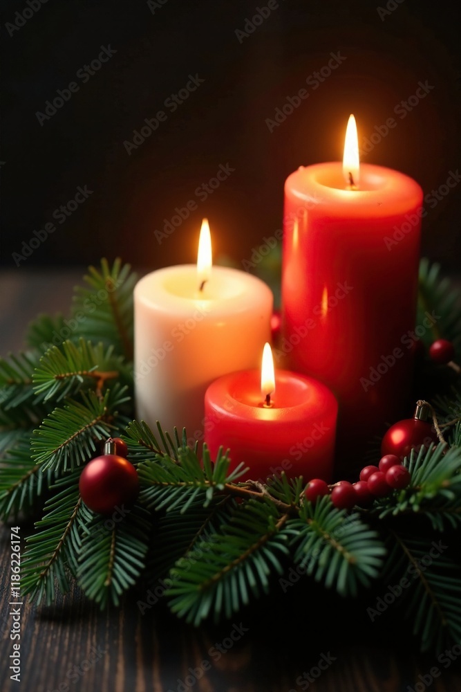 Flickering candles placed among a garland of fragrant fir branches, holiday, candlelight Flickering candles placed among a garland of fragrant fir branches, holiday, candlelight