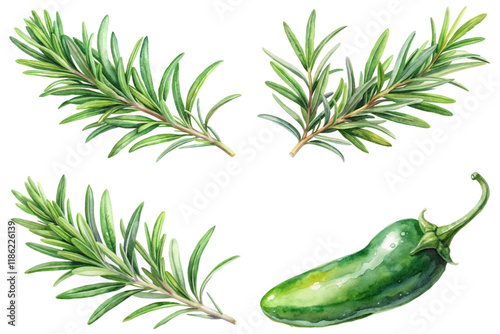 Fresh green herbs, watercolor illustration, culinary ingredients, rosemary sprigs, jalapeno pepper, vibrant colors, natural style.
