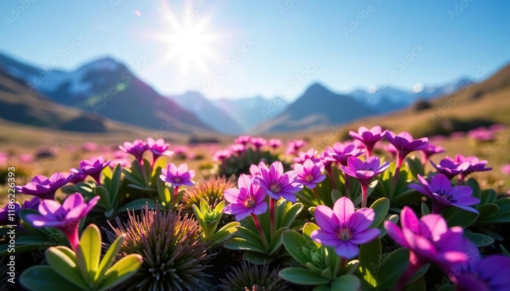 Fototapeta premium Purple saxifrage blooms under Arctic sunlight, landscape, blue sky