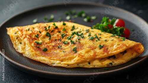 Delicious omelette with fresh herbs and cherry tomatoes served on a black plate
