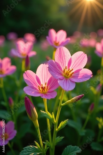 Pink evening primrose blooms in garden sunlight, plant, garden
