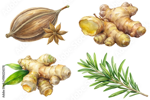 Fresh ginger root, aromatic spices, botanical illustration, culinary herbs, natural ingredients, vibrant colors, detailed artwork.