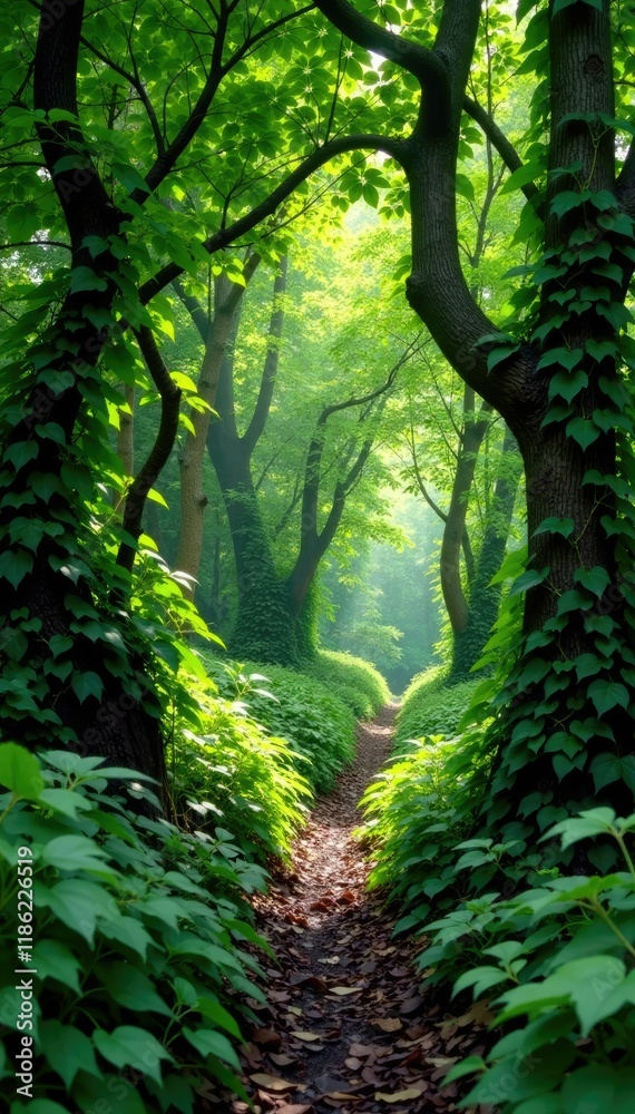 Dense thicket of vines and branches blocking the path, branches, forested, blocked
