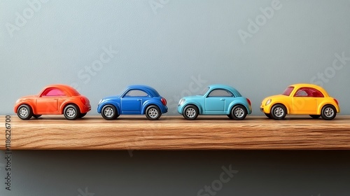 Colorful toy cars lined up on a wooden table in a bright room with greenery