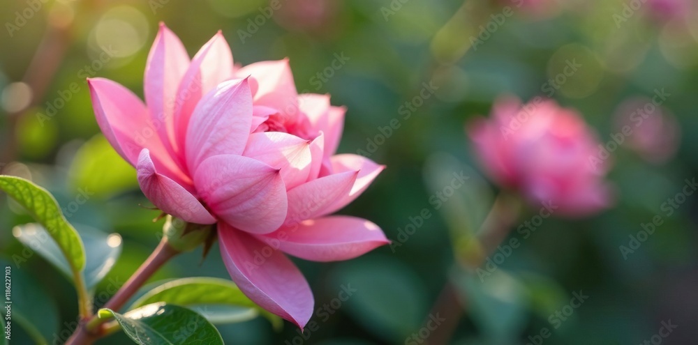 Soft pink petals unfolding on a delicate bush stem, garden, nature Soft pink petals unfolding on a delicate bush stem, garden, nature