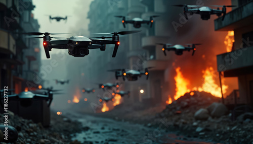 Military drones swarm urban battlefield. Combat drones fly strategically in coordinated assault. Fierce urban combat scene shows destruction, fire. Modern tech in warfare. Aerial view of automated