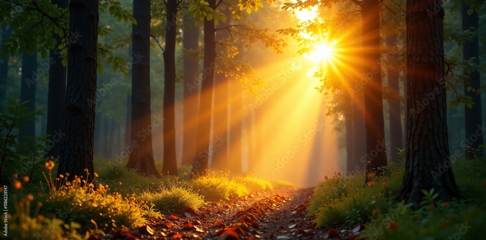 A beam of golden sunrise illuminates the forest, , woodland glow A beam of golden sunrise illuminates the forest, , woodland glow
