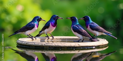 Purple martins gathered around a birdbath and a few wispy clouds, reflection, water, mirror photo