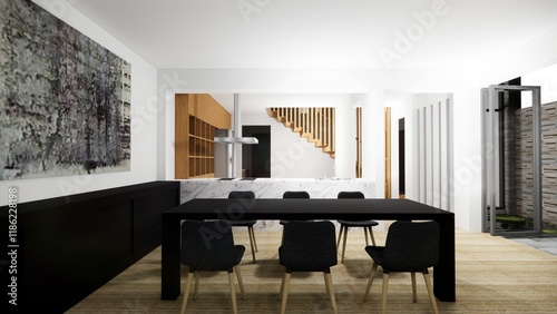 Illustration of the interior of a minimalist house living room and kitchen