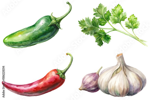 Fresh vegetables, vibrant colors, watercolor style, culinary ingredients, organic produce, cooking essentials, healthy lifestyle.