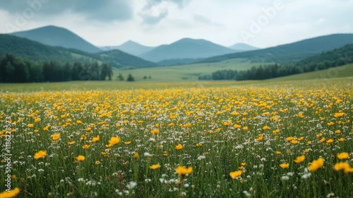Lush green meadow filled with wildflowers under a bright blue sky during sunn...