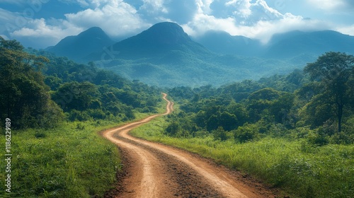 Majestic dirt road winding through golden grasslands under a blue sky