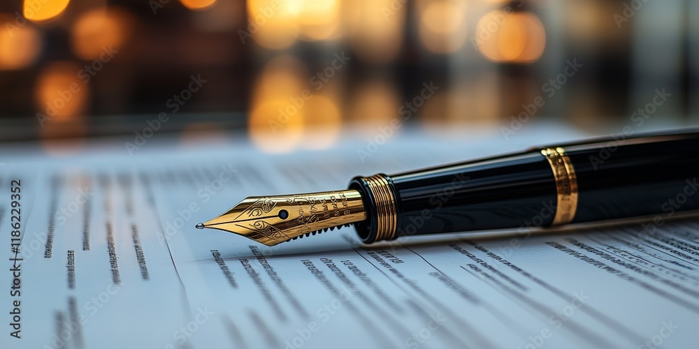 Luxury fountain pen on a financial report with blue charts. Ideal for business, finance, and professional themes. Luxury fountain pen on a financial report with blue charts. Ideal for business, finance, and professional themes.