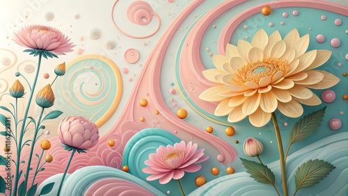 Abstract Floral Composition Pastel Swirls and 3D Flowers, digital art, 3d rendering, illustration Digital art, 3D rendering